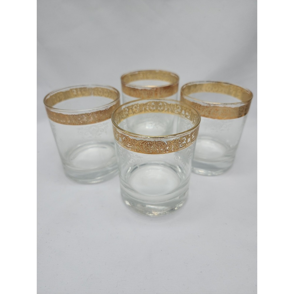 Vintage Gold Band Rim Whiskey Glasses Floral Etch Set/4 Heavy Base Old Fashioned